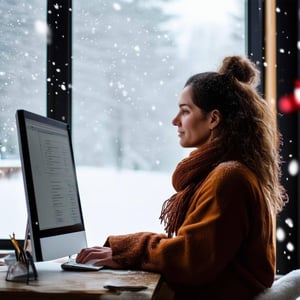 therapist working at a computer with snow outside the window-1