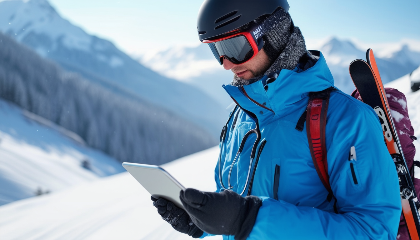 A doctor in ski gear using a tablet on a snowy mou